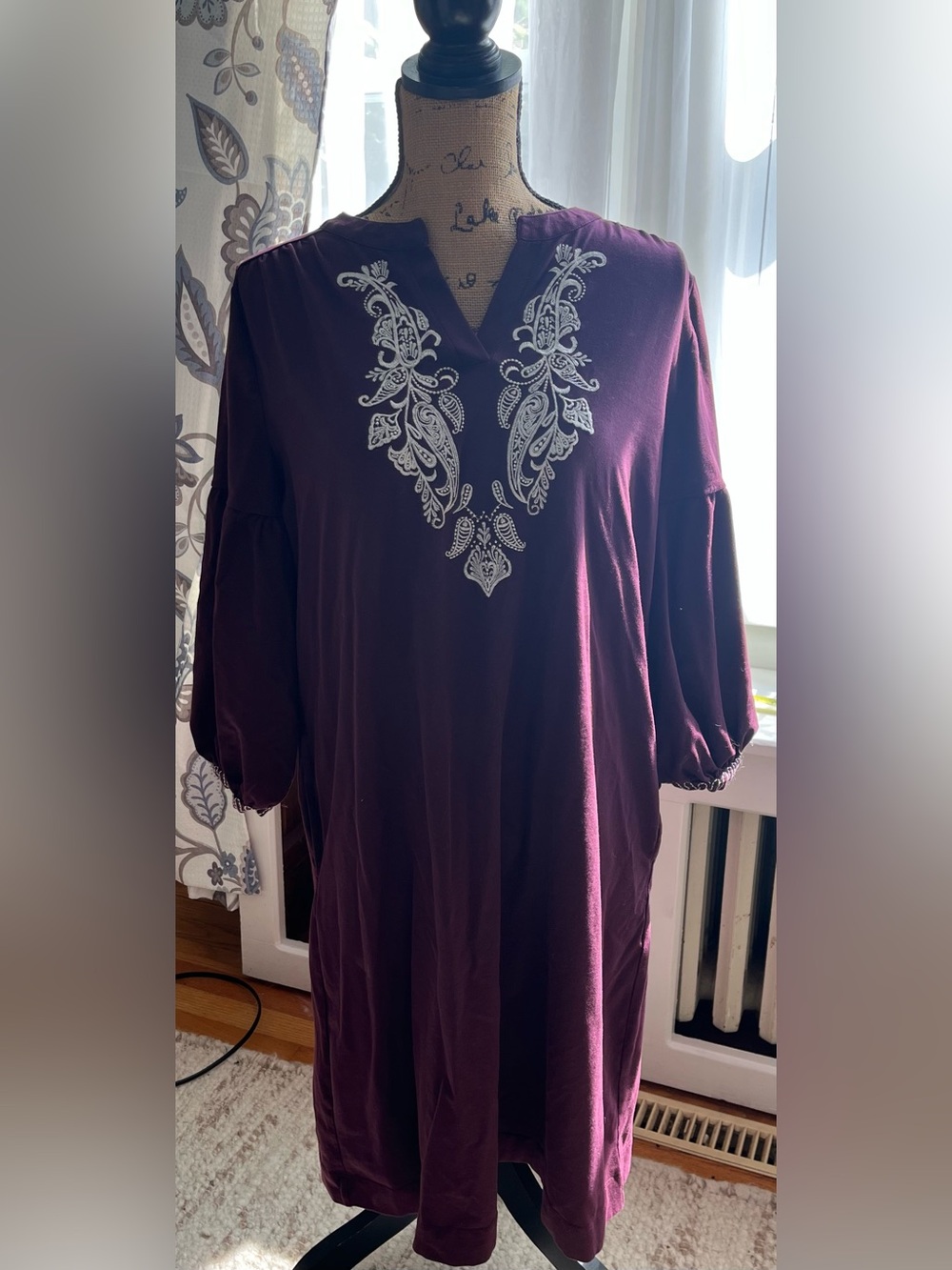 Embroidered V-Neck Long Sleeve Women’s Dress - Deep Plum